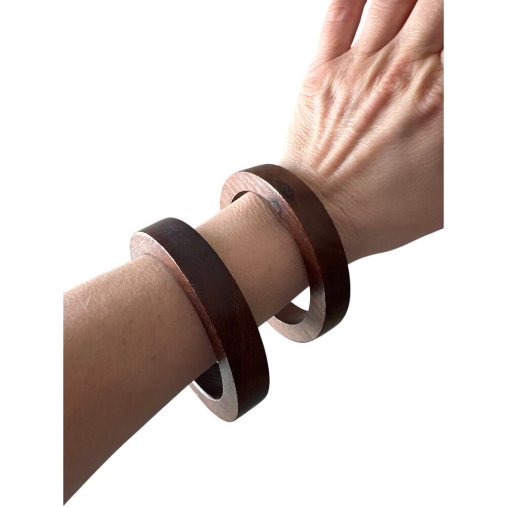 Vintage Pair Chunky Wood Bangle Bracelets Brown Boho Wide Wooden Jewelry